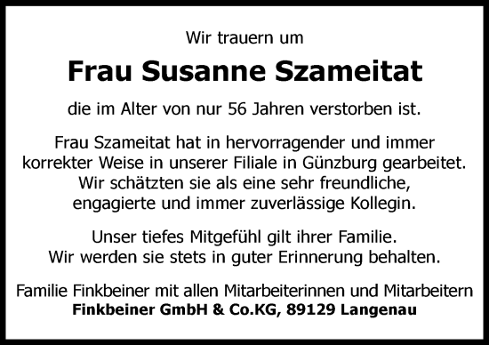 Traueranzeige von Susanne Szameitat von Günzburger Zeitung