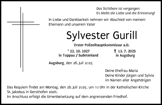 Traueranzeige von Sylvester Gurill von Augsburger Allgemeine