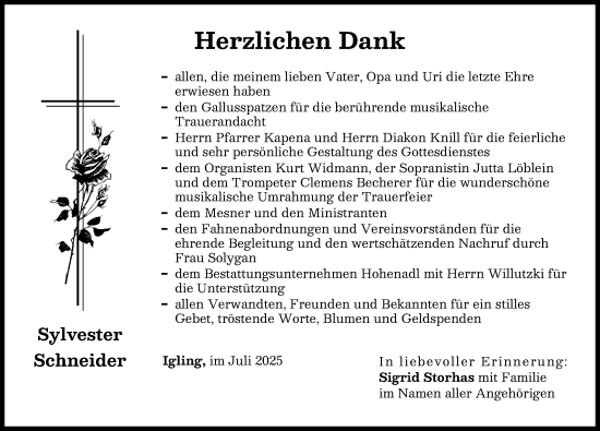 Traueranzeige von Sylvester Schneider von Landsberger Tagblatt