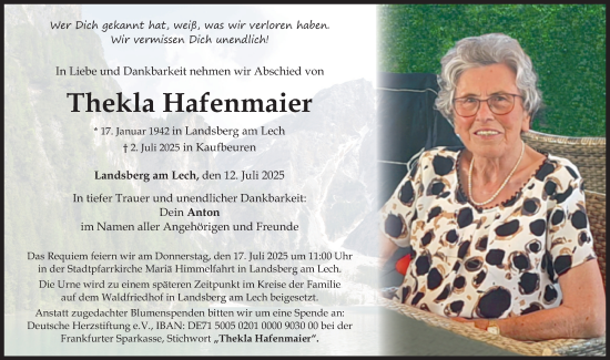 Traueranzeige von Thekla Hafenmaier von Landsberger Tagblatt