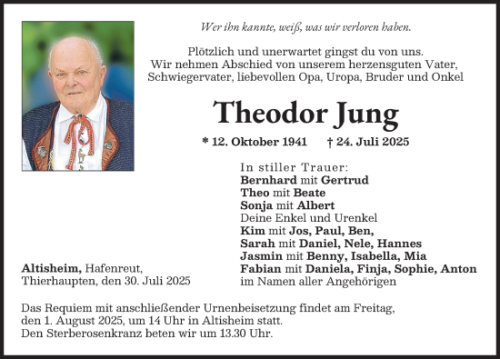 Traueranzeige von Theodor Jung von Donauwörther Zeitung