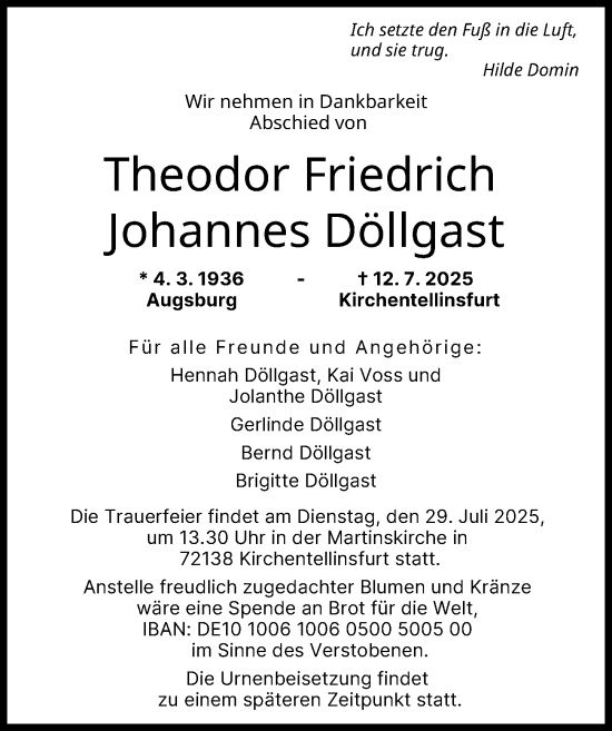 Traueranzeige von Theodor Friedrich Johannes Döllgast von Augsburger Allgemeine