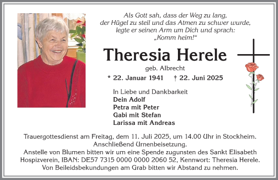 Traueranzeige von Theresia Herele von Mindelheimer Zeitung