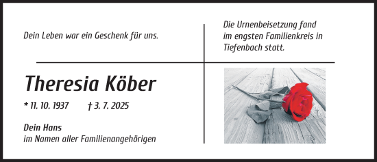 Traueranzeige von Theresia Köber von Illertisser Zeitung