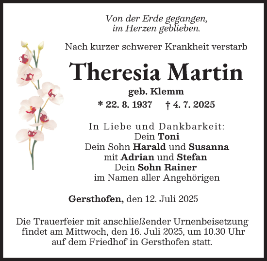 Traueranzeige von Theresia Martin von Augsburger Allgemeine