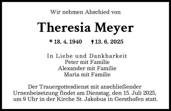 Traueranzeige von Theresia Meyer von Augsburger Allgemeine