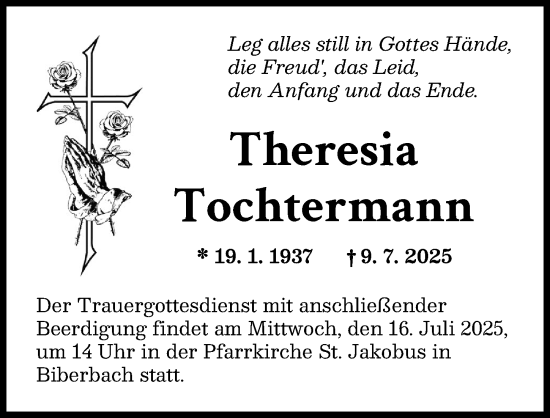 Traueranzeige von Theresia Tochtermann von Augsburg-Land