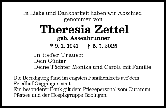 Traueranzeige von Theresia Zettel von Augsburger Allgemeine