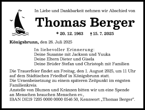 Traueranzeige von Thomas Berger von Augsburger Allgemeine