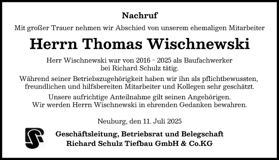 Traueranzeige von Thomas Wischnewski von Neuburger Rundschau