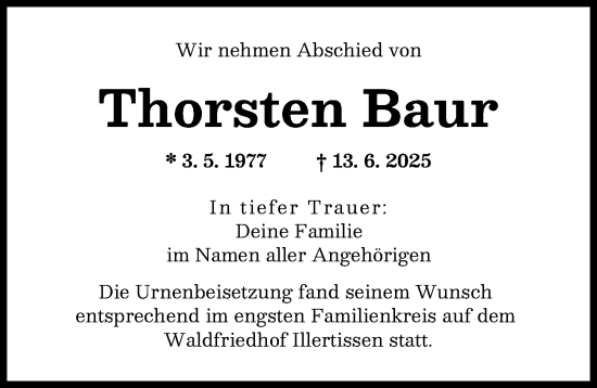 Traueranzeige von Thorsten Baur von Illertisser Zeitung