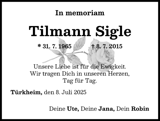Traueranzeige von Tilmann Sigle von Mindelheimer Zeitung