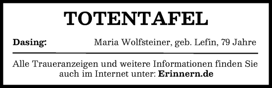 Traueranzeige von Totentafel vom 26.07.2025 von Aichacher Nachrichten