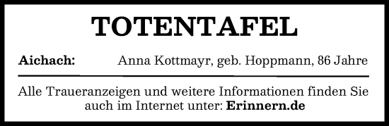 Traueranzeige von Totentafel vom 30.07.2025 von Aichacher Nachrichten