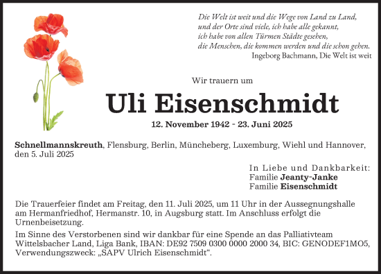 Traueranzeige von Uli Eisenschmidt von Aichacher Nachrichten