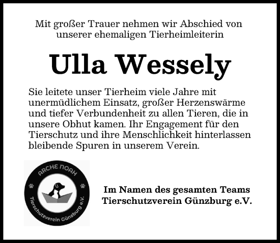 Traueranzeige von Ulla Wessely von Günzburger Zeitung