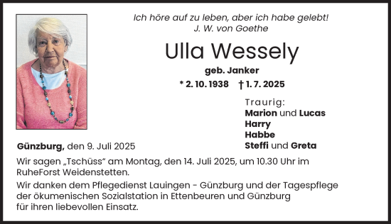 Traueranzeige von Ulla Wessely von Günzburger Zeitung