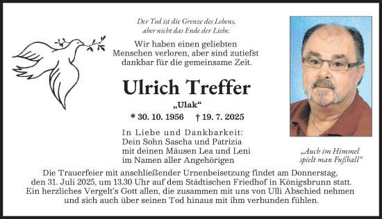 Traueranzeige von Ulrich Treffer von Augsburger Allgemeine