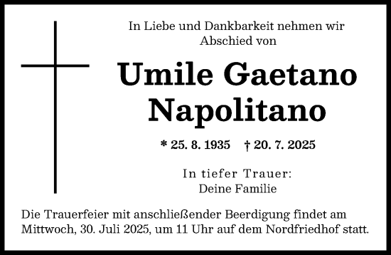 Traueranzeige von Umile Gaetano Napolitano von Augsburger Allgemeine