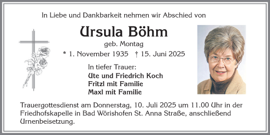 Traueranzeige von Ursula Böhm von Mindelheimer Zeitung