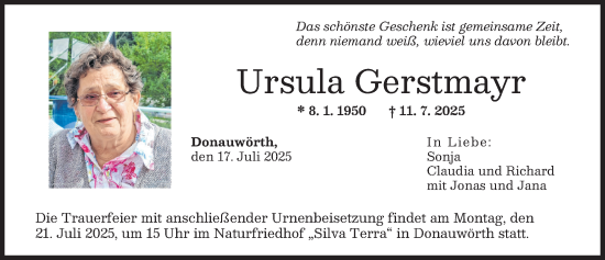 Traueranzeige von Ursula Gerstmayr von Donauwörther Zeitung