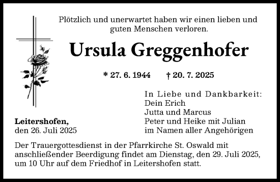 Traueranzeige von Ursula Greggenhofer von Augsburger Allgemeine