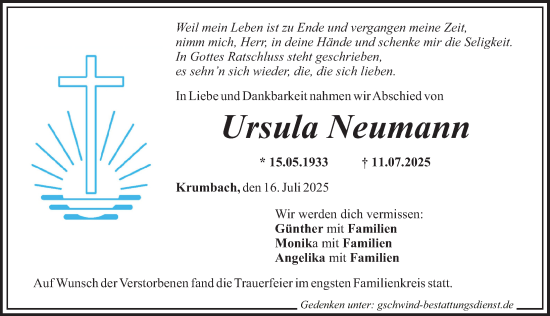 Traueranzeige von Ursula Neumann von Mittelschwäbische Nachrichten