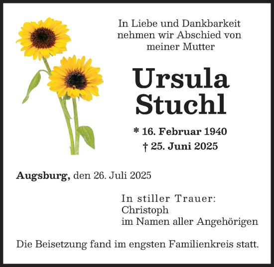 Traueranzeige von Ursula Stuchl von Augsburger Allgemeine, Friedberger Allgemeine