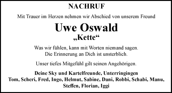 Traueranzeige von Uwe Oswald von Rieser Nachrichten
