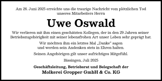 Traueranzeige von Uwe Oswald von Rieser Nachrichten