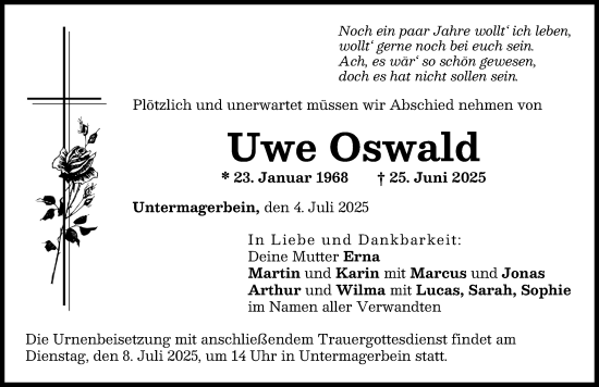 Traueranzeige von Uwe Oswald von Rieser Nachrichten