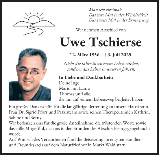Traueranzeige von Uwe Tschierse von Augsburger Allgemeine