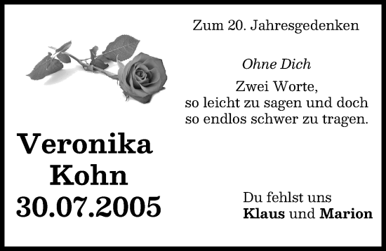 Traueranzeige von Veronika Kohn von Mindelheimer Zeitung