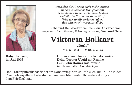 Traueranzeige von Viktoria Bolkart von Illertisser Zeitung