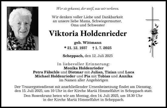 Traueranzeige von Viktoria Holdenrieder von Günzburger Zeitung