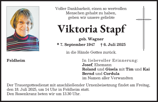 Traueranzeige von Viktoria Stapf von Donauwörther Zeitung