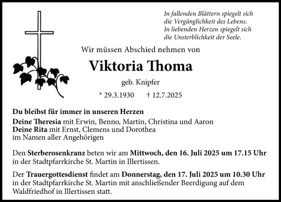 Traueranzeige von Viktoria Thoma von Illertisser Zeitung