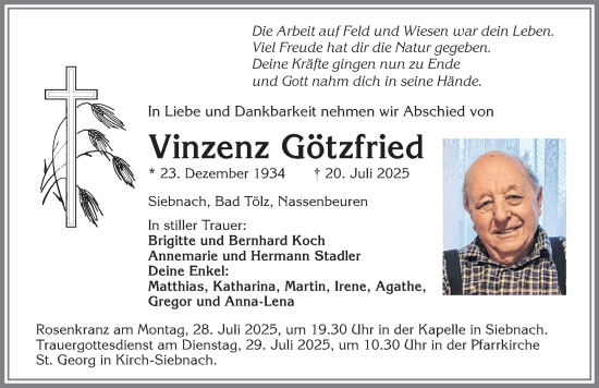 Traueranzeige von Vinzenz Götzfried von Mindelheimer Zeitung