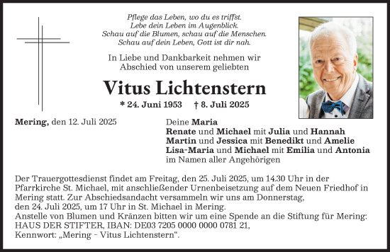 Traueranzeige von Vitus Lichtenstern von Friedberger Allgemeine