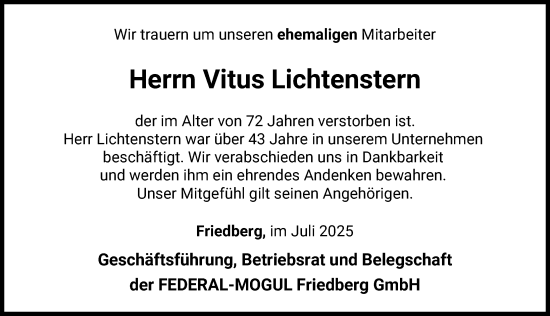Traueranzeige von Vitus Lichtenstern von Friedberger Allgemeine