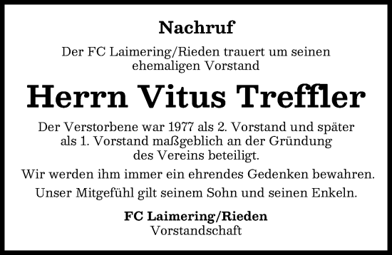 Traueranzeige von Vitus Treffler von Friedberger Allgemeine