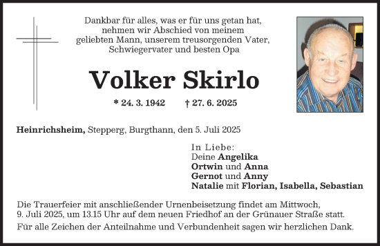 Traueranzeige von Volker Skirlo von Neuburger Rundschau