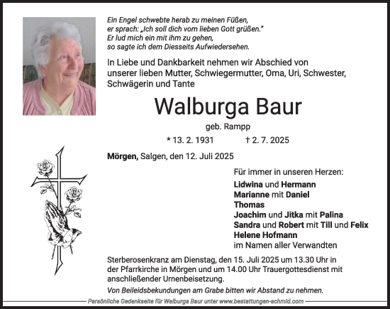 Traueranzeige von Walburga Baur von Mindelheimer Zeitung