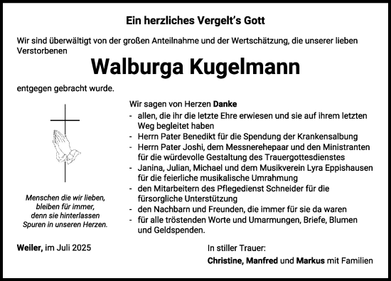 Traueranzeige von Walburga Kugelmann von Mindelheimer Zeitung