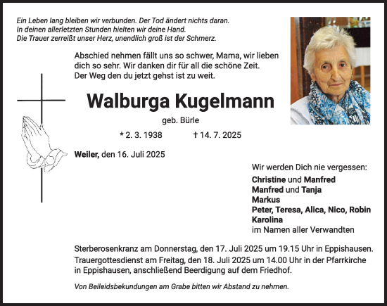 Traueranzeige von Walburga Kugelmann von Mindelheimer Zeitung