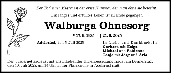 Traueranzeige von Walburga Ohnesorg von Augsburg-Land