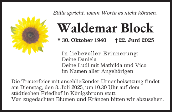 Traueranzeige von Waldemar Block von Schwabmünchner Allgemeine