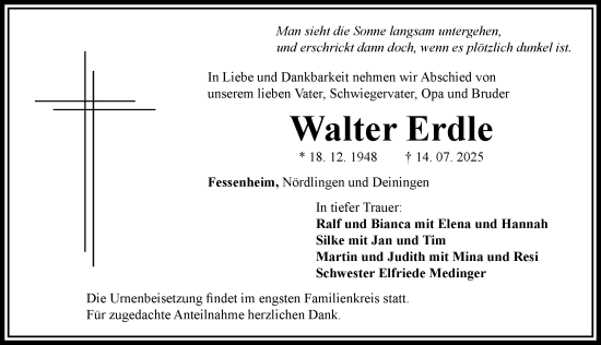 Traueranzeige von Walter Erdle von Rieser Nachrichten