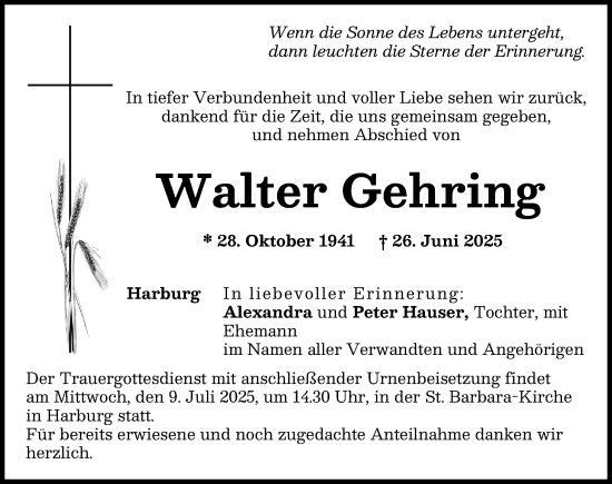 Traueranzeige von Walter Gehring von Donauwörther Zeitung