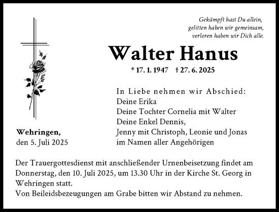 Traueranzeige von Walter Hanus von Schwabmünchner Allgemeine